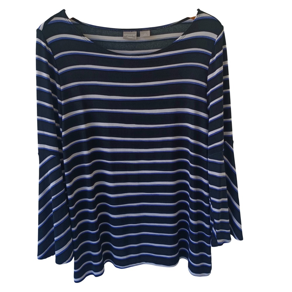 Chicos Travelers Striped Bell Sleeve Top Navy Blue Purple White Size 2 US 12 14